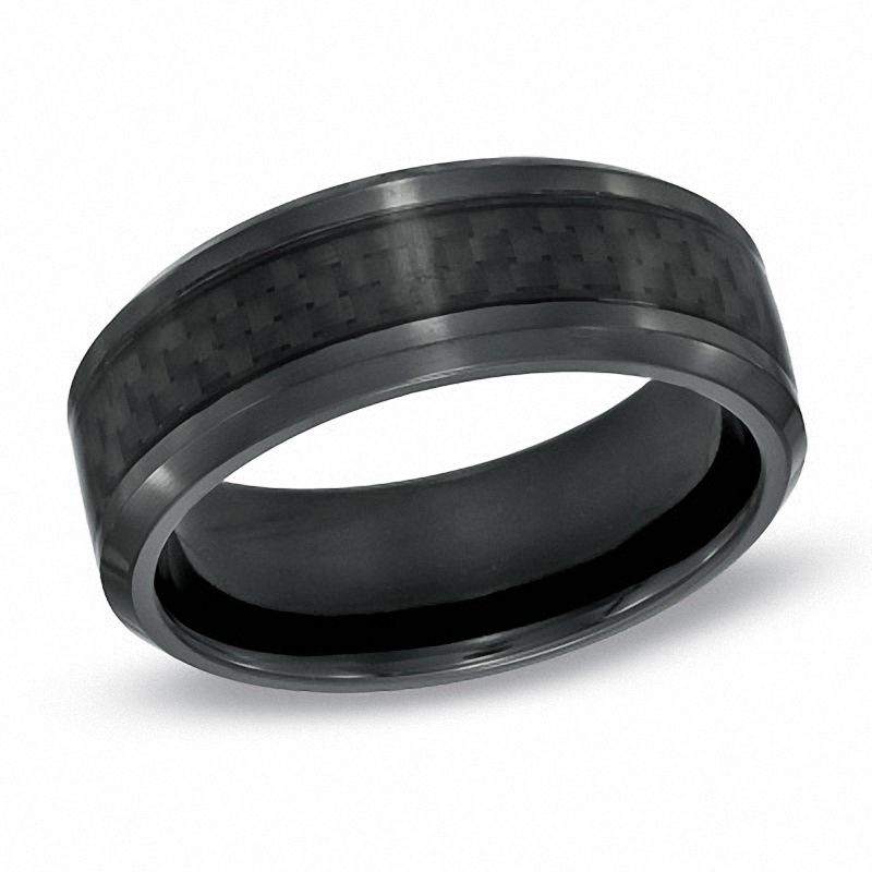 Men's 8.0mm Comfort Fit Carbon Fibre Inlay Black Titanium Wedding Band - Size 10