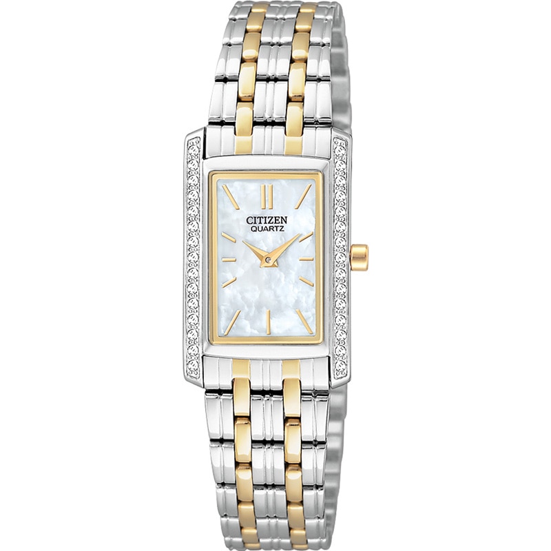 Ladies' Citizen Quartz Crystal Two-Tone Watch with Rectangular Mother-of-Pearl Dial (Model: EK1124-54D)