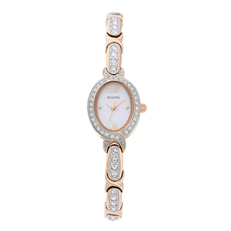 Ladies' Bulova Crystal Accent Rose-Tone Watch with Oval Mother-of-Pearl Dial (Model: 98L200)|Peoples Jewellers