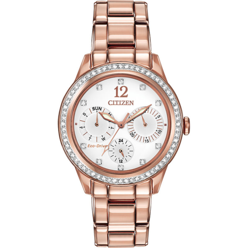 Ladies' Citizen Eco-DriveÂ® Crystal Chronograph Rose-Tone Watch with White Dial (Model: FD2013-50A)