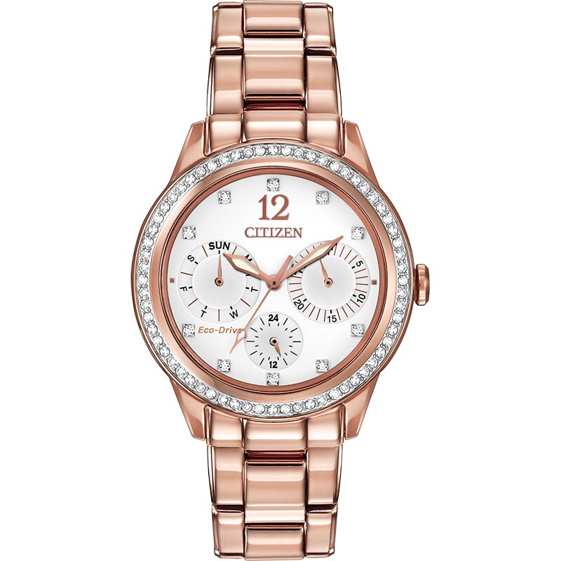 Main Image 1 of Ladies' Citizen Eco-Drive® Crystal Chronograph Rose-Tone Watch with White Dial (Model: FD2013-50A)