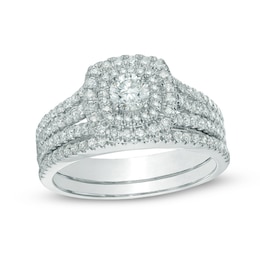 0.95 CT. T.W. Certified Canadian Diamond Double Square Frame Bridal Set in 14K White Gold (I/I2)