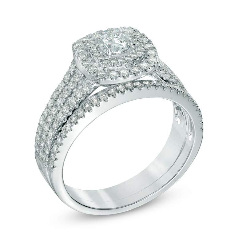 Main Image 2 of 0.95 CT. T.W. Certified Canadian Diamond Double Square Frame Bridal Set in 14K White Gold (I/I2)