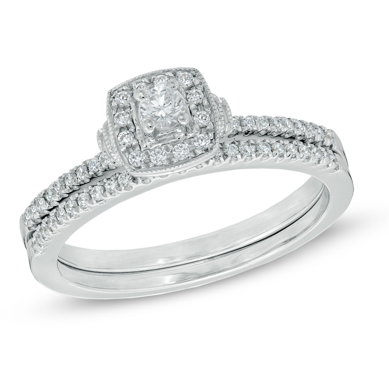 0.33 CT. T.W. Diamond Frame Vintage-Style Bridal Set in 10K White Gold|Peoples Jewellers