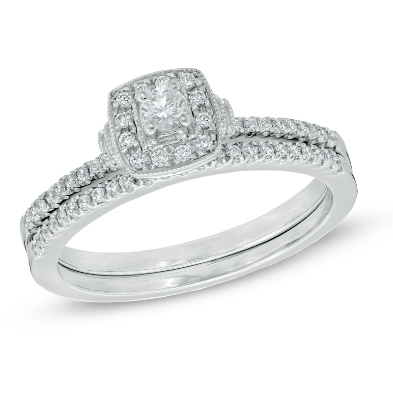 0.33 CT. T.W. Diamond Frame Vintage-Style Bridal Set in 10K White Gold