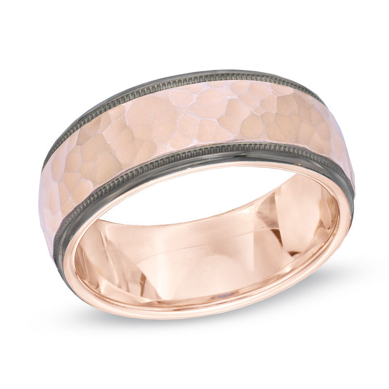8.0mm Hammered Wedding Band in 10K Rose Gold with Black RhodiumEdges