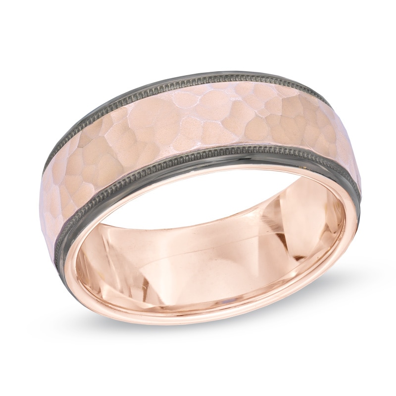 Main Image 1 of Men's 8.0mm Hammered Wedding Band in 10K Rose Gold with Black RhodiumEdges