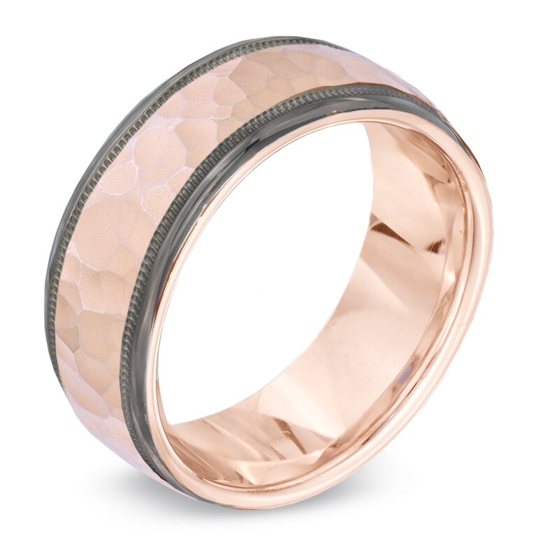 Main Image 2 of Men's 8.0mm Hammered Wedding Band in 10K Rose Gold with Black RhodiumEdges