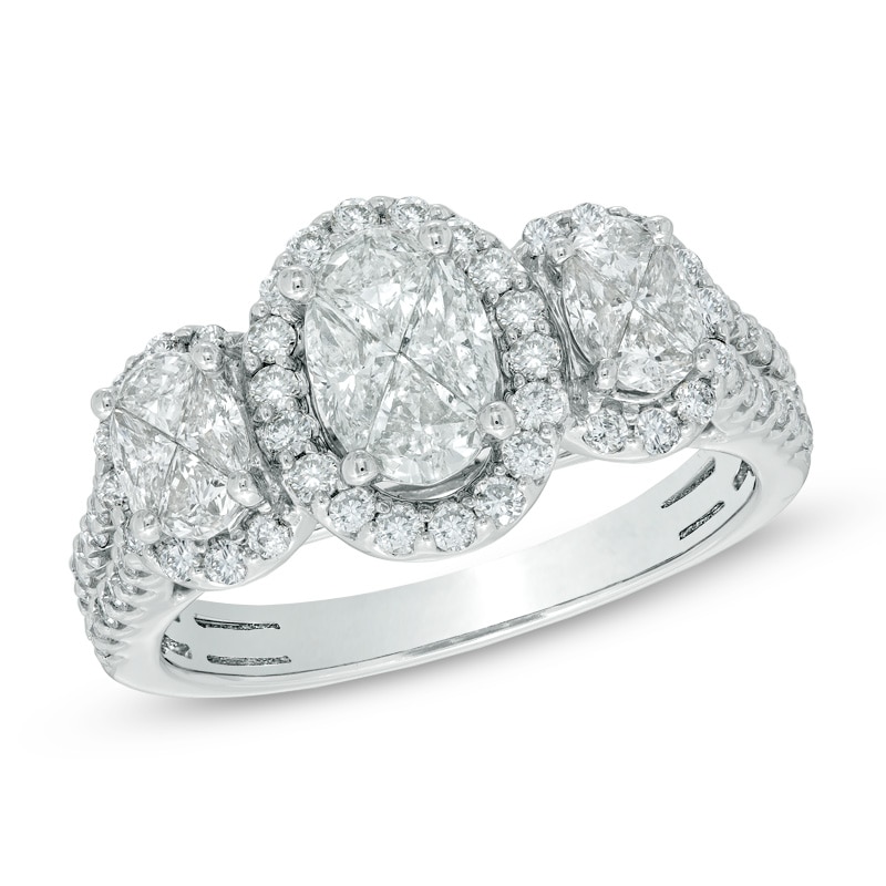 Main Image 1 of 1.50 CT. T.W. Oval Composite Diamond Three Stone Frame Engagement Ring in 14K White Gold