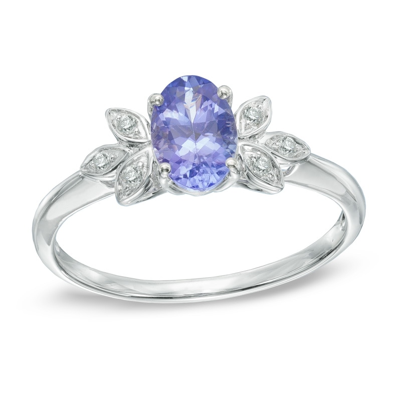 Oval Tanzanite and Diamond Accent Flower Ring in 10K White Gold|Peoples Jewellers