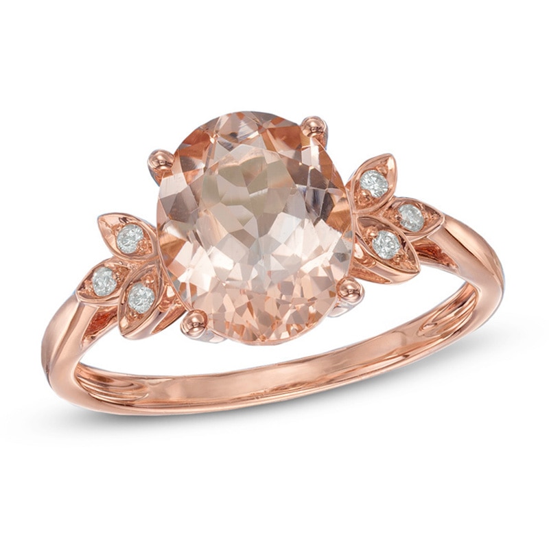 Main Image 1 of Oval Morganite and Diamond Accent Leaf Ring in 10K Rose Gold