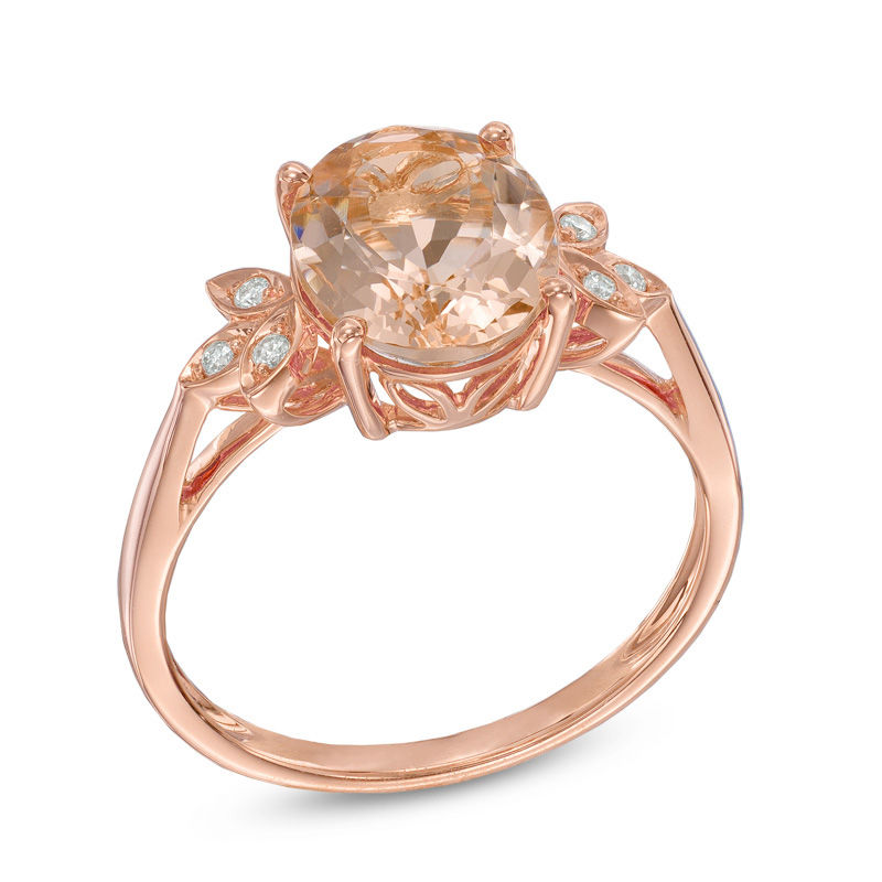 Oval Morganite and Diamond Accent Leaf Ring in 10K Rose Gold