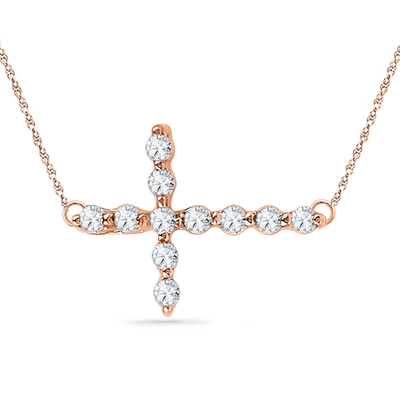 Diamond Accent Sideways Cross Necklace in 10K Rose Gold