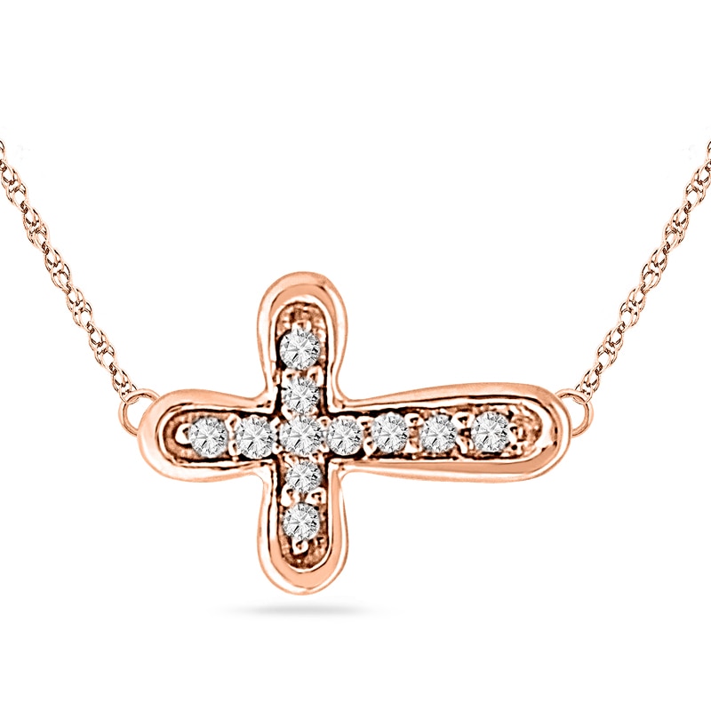 Diamond Accent Sideways Cross Necklace in 10K Rose Gold|Peoples Jewellers