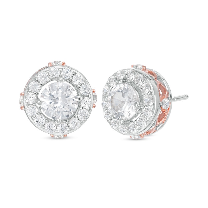 5.0mm White Lab-Created Sapphire Frame Stud Earrings in Sterling Silver and 18K Rose Gold Plate