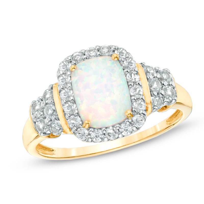 Cushion-Cut Lab-Created Opal and White Sapphire Ring in 10K Gold