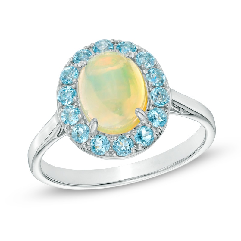 Oval Yellow Opal and Sky Blue Topaz Frame Ring in 10K White Gold