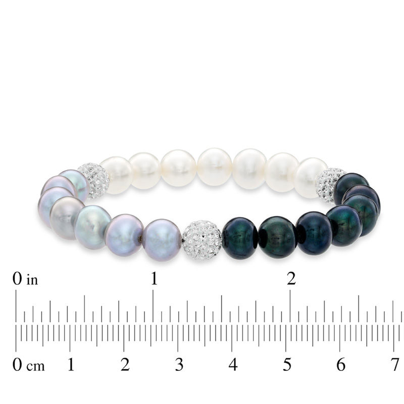 Main Image 2 of 8.0-9.0mm Black, Grey and White Freshwater Cultured Pearl and Crystal Strand Bracelet-7.25&quot;
