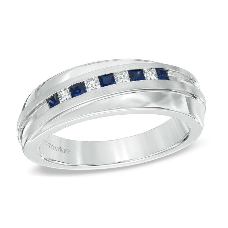 Vera Wang Men's Square-Cut Blue Sapphire and 0.15 CT. T.W. Diamond Slant Band in 14K White Gold
