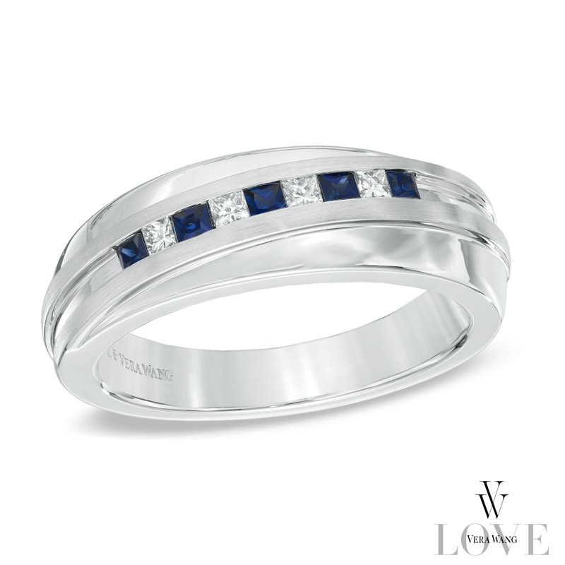 Vera Wang Love Collection Men's Square-Cut Blue Sapphire and 0.15 CT. T.W. Diamond Slant Band in 14K White Gold|Peoples Jewellers
