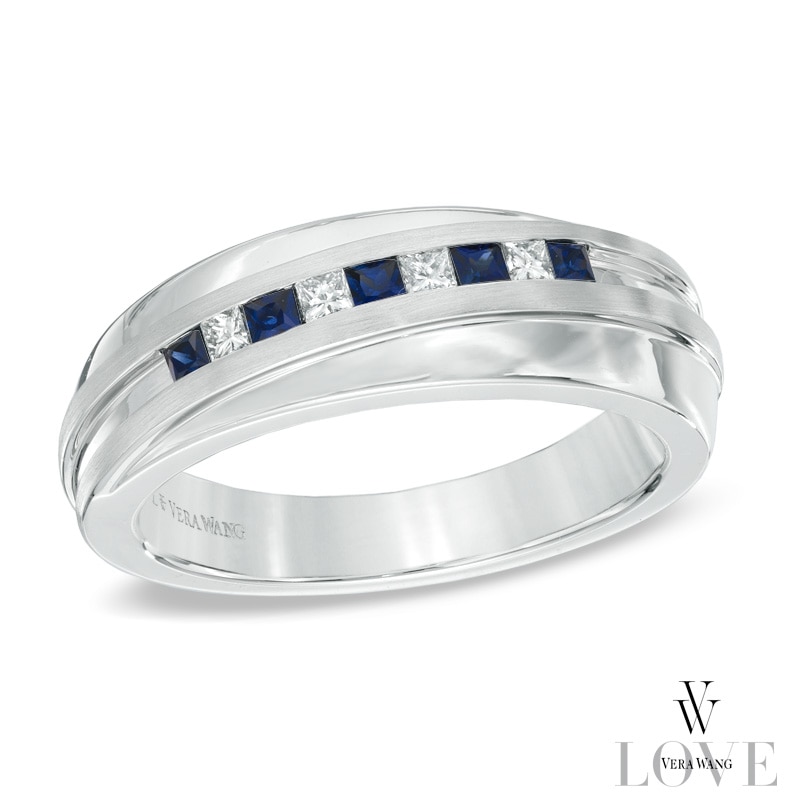 Main Image 1 of Vera Wang Love Collection Men's Square-Cut Blue Sapphire and 0.15 CT. T.W. Diamond Slant Band in 14K White Gold