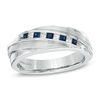 Thumbnail Image 0 of Vera Wang Love Collection Men's Square-Cut Blue Sapphire and 0.15 CT. T.W. Diamond Slant Band in 14K White Gold