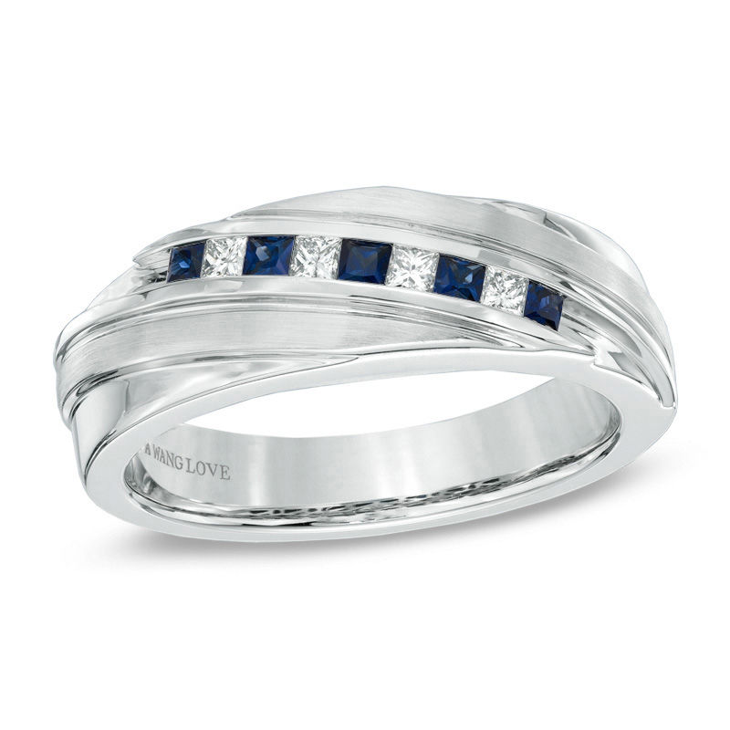 Vera Wang Love Collection Men's Square-Cut Blue Sapphire and 0.15 CT. T.W. Diamond Slant Band in 14K White Gold