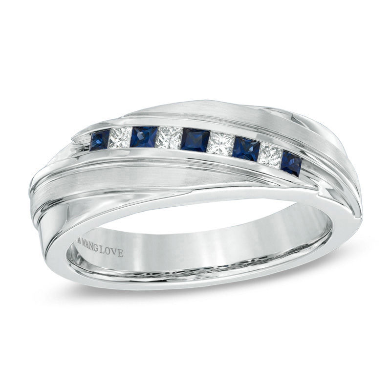 Main Image 1 of Vera Wang Love Collection Men's Square-Cut Blue Sapphire and 0.15 CT. T.W. Diamond Slant Band in 14K White Gold
