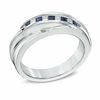 Thumbnail Image 1 of Vera Wang Love Collection Men's Square-Cut Blue Sapphire and 0.15 CT. T.W. Diamond Slant Band in 14K White Gold