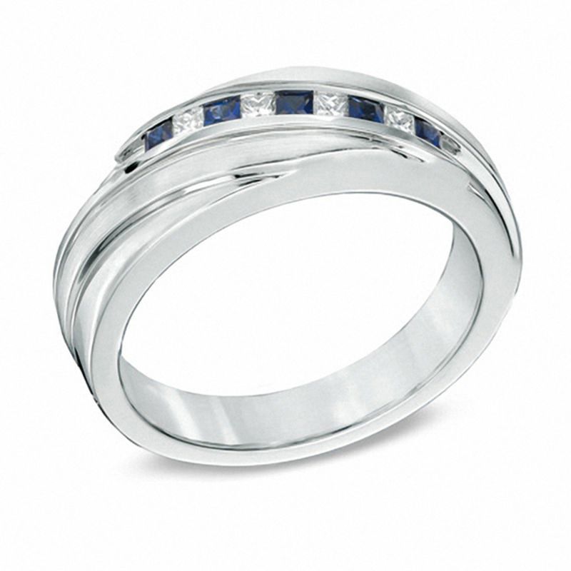 Vera Wang Love Collection Men's Square-Cut Blue Sapphire and 0.15 CT. T.W. Diamond Slant Band in 14K White Gold