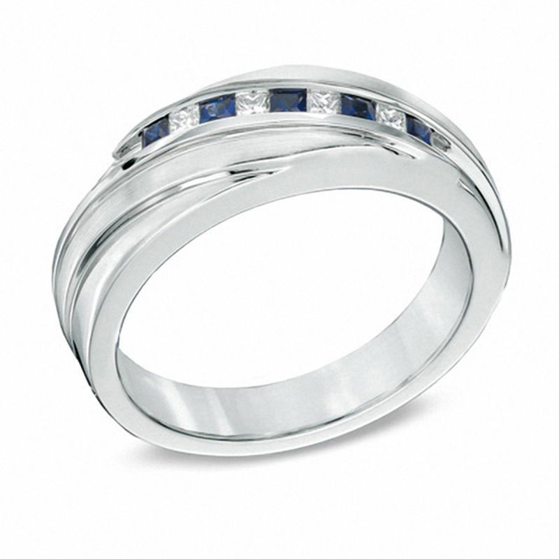 Main Image 2 of Vera Wang Love Collection Men's Square-Cut Blue Sapphire and 0.15 CT. T.W. Diamond Slant Band in 14K White Gold