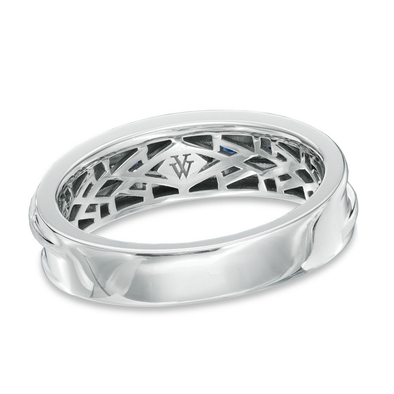 Main Image 3 of Vera Wang Love Collection Men's Square-Cut Blue Sapphire and 0.15 CT. T.W. Diamond Slant Band in 14K White Gold