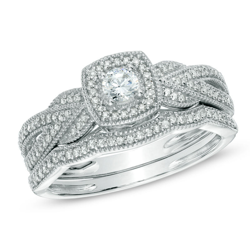 0.40 CT. T.W. Diamond Braid Vintage-Style Frame Bridal Set in 10K White Gold