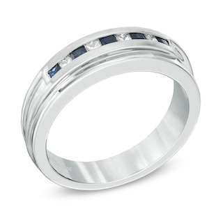 Vera Wang Love Collection Men's Square-Cut Blue Sapphire and 0.18 CT. T.W. Diamond Band in 14K White Gold