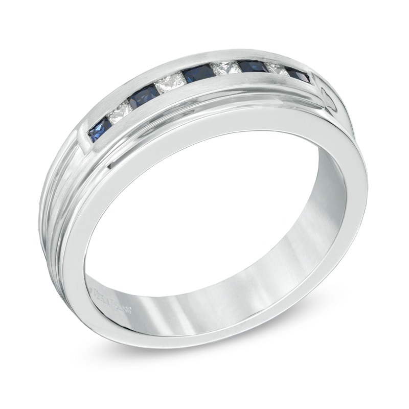 Vera Wang Love Collection Men's Square-Cut Blue Sapphire and 0.18 CT. T.W. Diamond Band in 14K White Gold