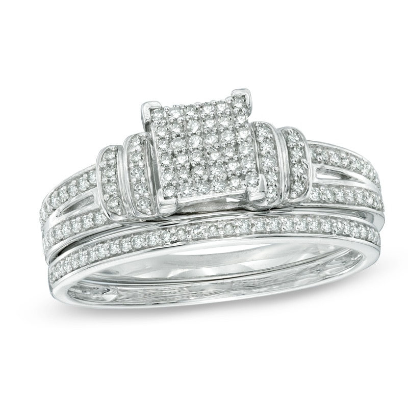 0.33 CT. T.W. Diamond Square Composite Double Collar Bridal Set in 10K White Gold|Peoples Jewellers