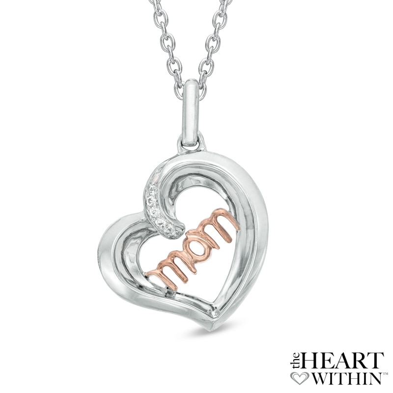 The Heart Within® Diamond Accent Tilted "MOM" Heart Pendant in Sterling Silver and 10K Rose Gold