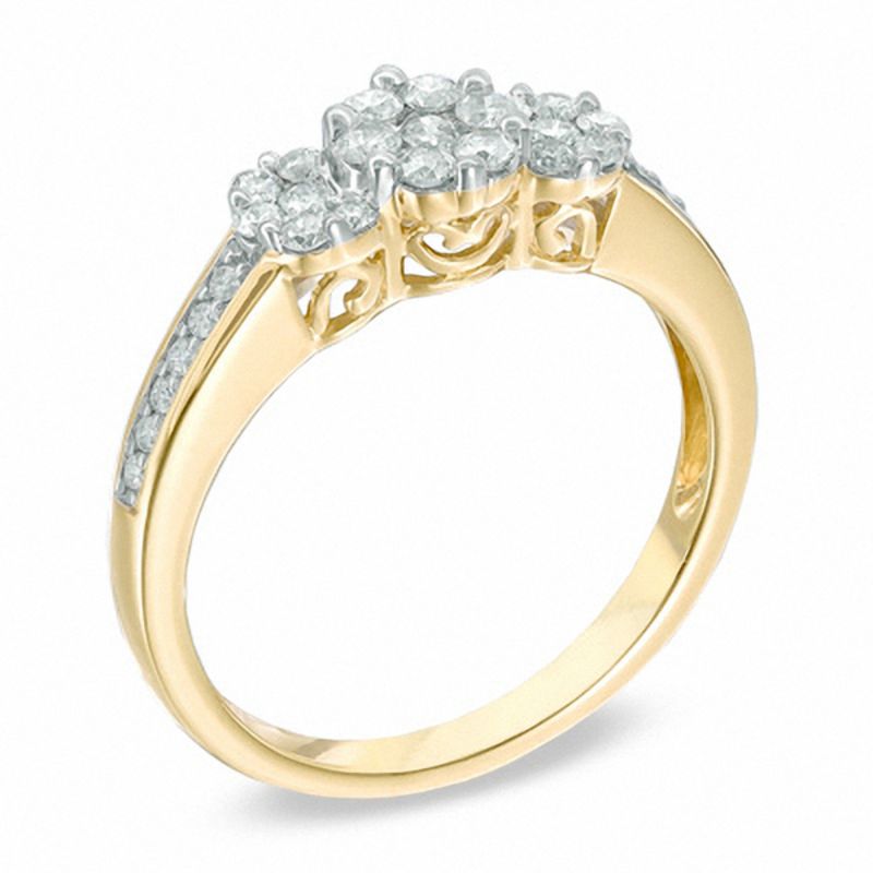Main Image 2 of 0.50 CT. T.W. Diamond Cluster Three Stone Ring in 10K Gold