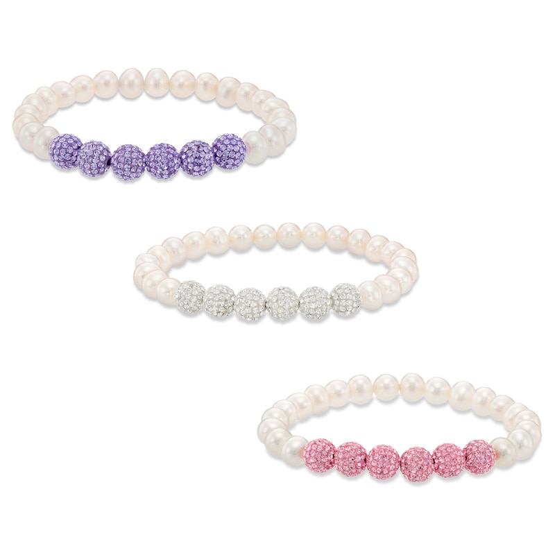 6.0-7.0mm Freshwater Cultured Pearl and Crystal Bead Stretch Bracelet Set-7.25"