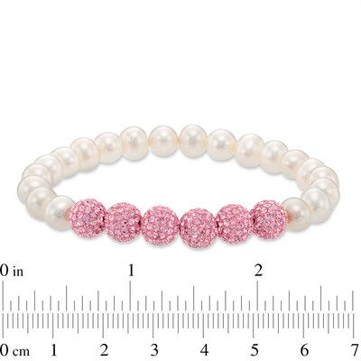 6.0-7.0mm Freshwater Cultured Pearl and Crystal Bead Stretch Bracelet Set-7.25"