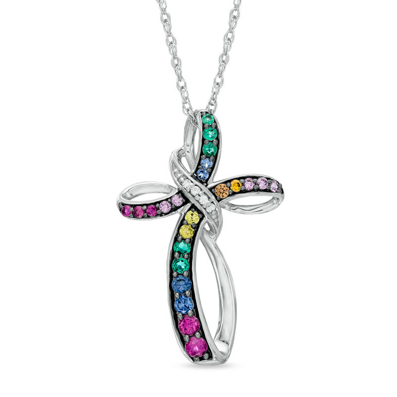 Lab-Created Multi-Gemstone Cross Pendant in Sterling Silver|Peoples Jewellers