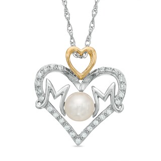 Freshwater Cultured Pearl and Lab-Created White Sapphire "MOM" Heart Pendant in Sterling Silver and 14K Gold Plate