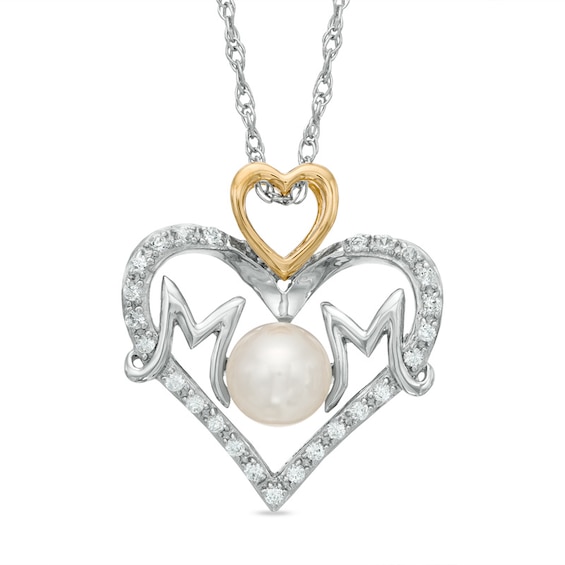Freshwater Cultured Pearl and Lab-Created White Sapphire "MOM" Heart Pendant in Sterling Silver and 14K Gold Plate