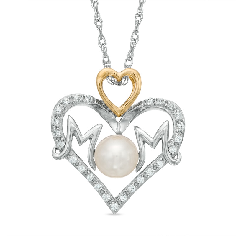 Freshwater Cultured Pearl and Lab-Created White Sapphire "MOM" Heart Pendant in Sterling Silver and 14K Gold Plate