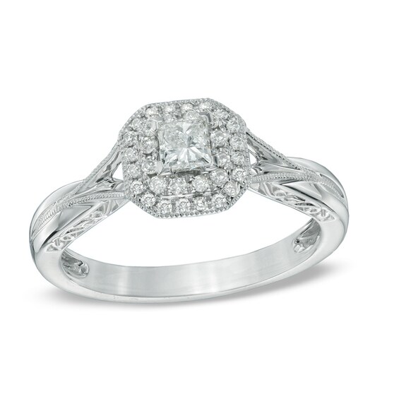 0.33 CT. T.W. Princess-Cut Diamond Frame Vintage-Style Engagement Ring in 10K White Gold