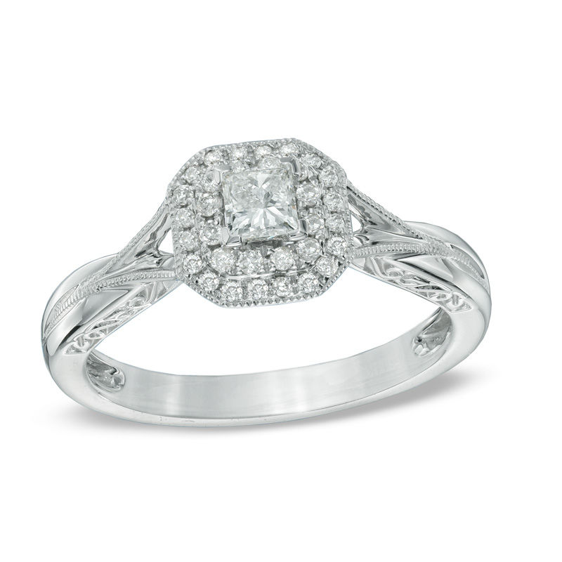 0.33 CT. T.W. Princess-Cut Diamond Frame Vintage-Style Engagement Ring in 10K White Gold