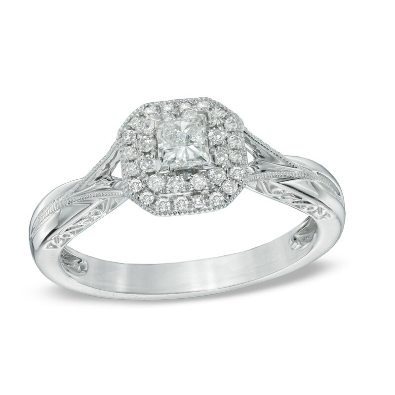Main Image 1 of 0.33 CT. T.W. Princess-Cut Diamond Frame Vintage-Style Engagement Ring in 10K White Gold