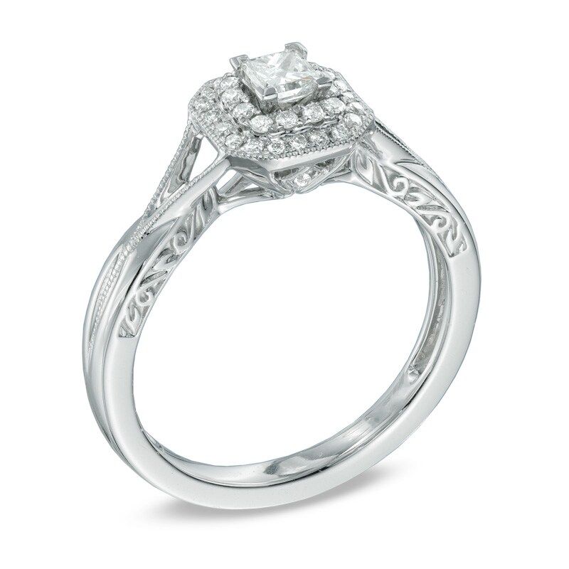 Main Image 2 of 0.33 CT. T.W. Princess-Cut Diamond Frame Vintage-Style Engagement Ring in 10K White Gold