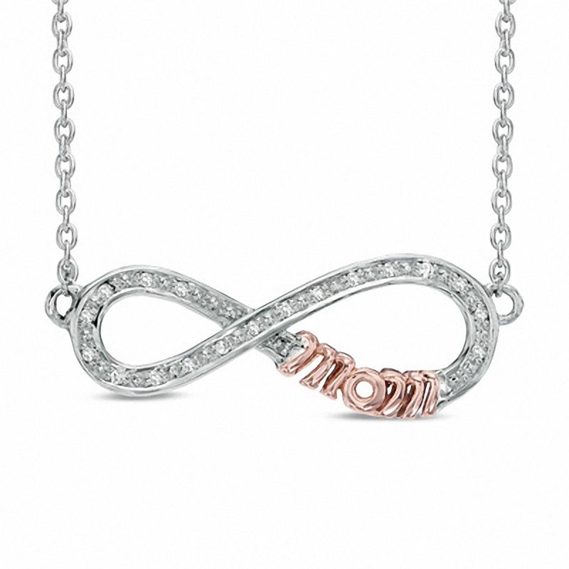 Diamond Accent Sideways Infinity with "MOM" Necklace in Sterling Silver and 10K Rose Gold