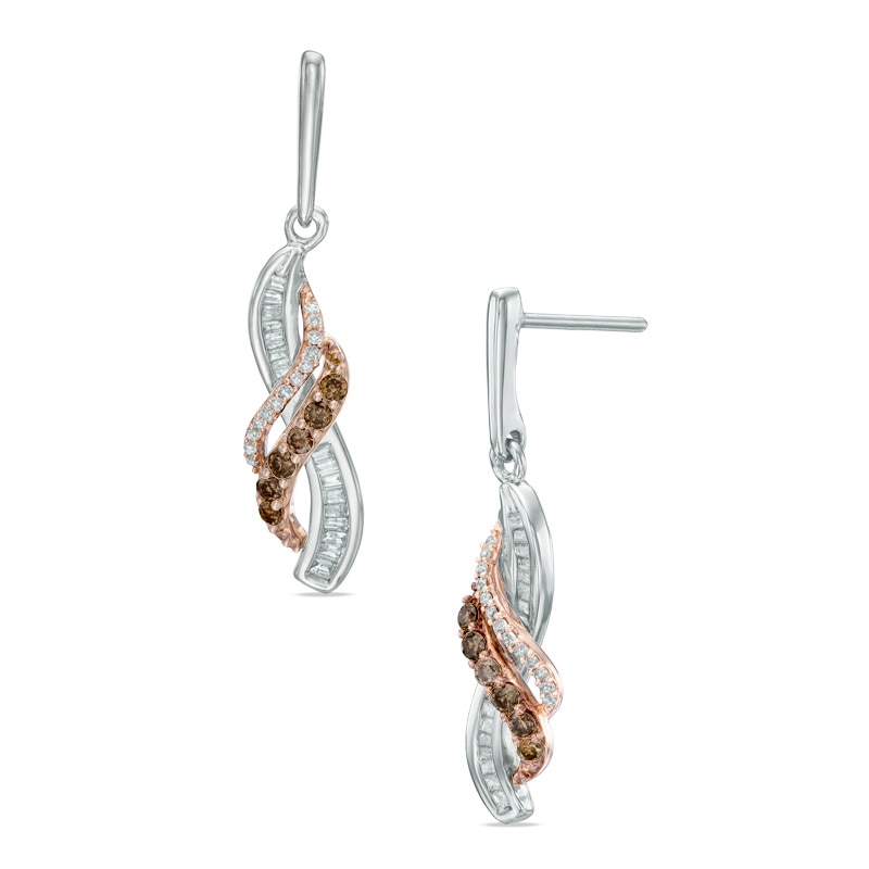0.33 CT. T.W. Champagne and White Diamond Wave Overlay Drop Earrings in 10K Two-Tone Gold